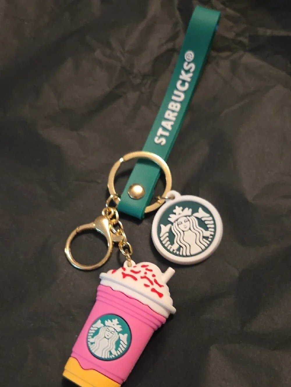 Starbucks Pink Frappuccino Keychain with Teal Strap and Gold Hardware